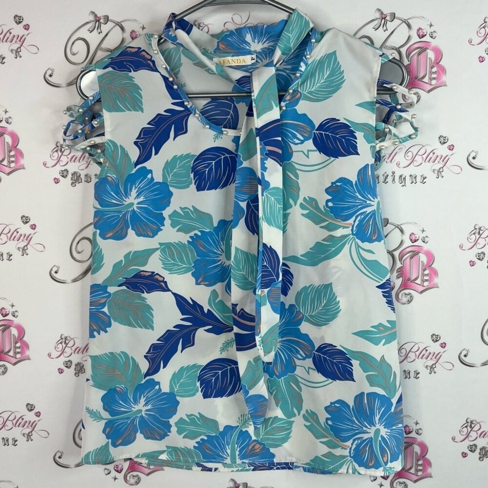 Afanda tank top tie up ribbon neck pearls hibiscus Blue and White Floral Blouse